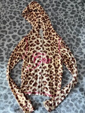 I.Am.GIA Leopard Print Zip Hoodie with Pink Script